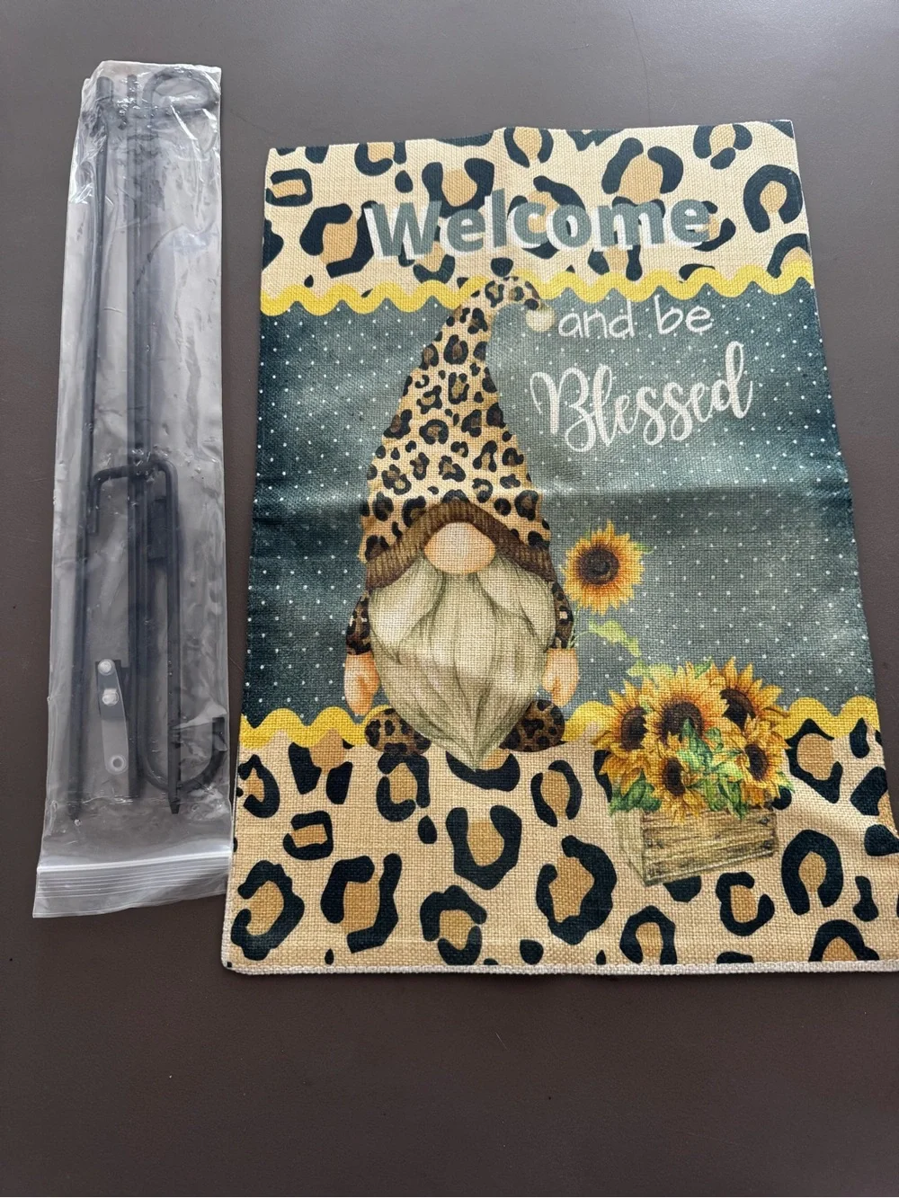 Welcome and Be Blessed Leopard Gnome Garden Flag - Multicolor